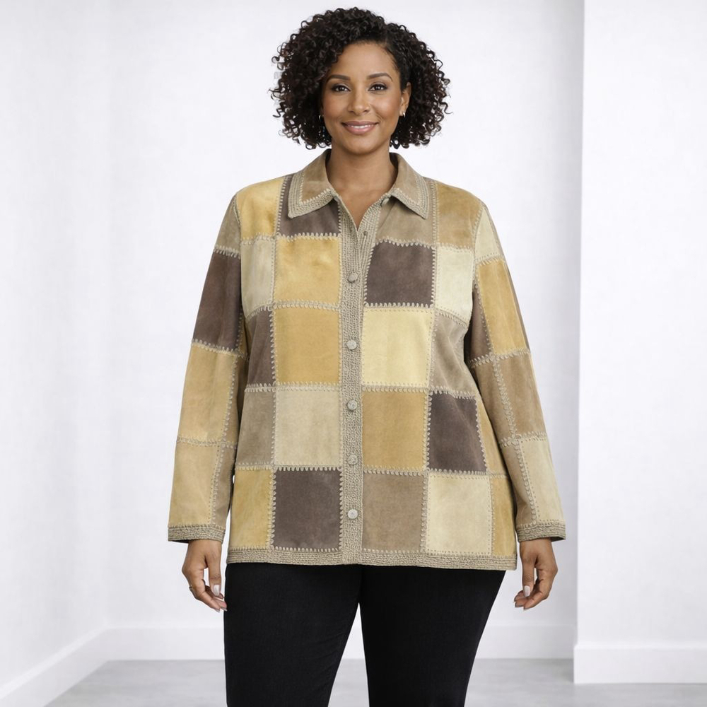 Denim & Co. Patchwork Leather Jacket L Brown Beige